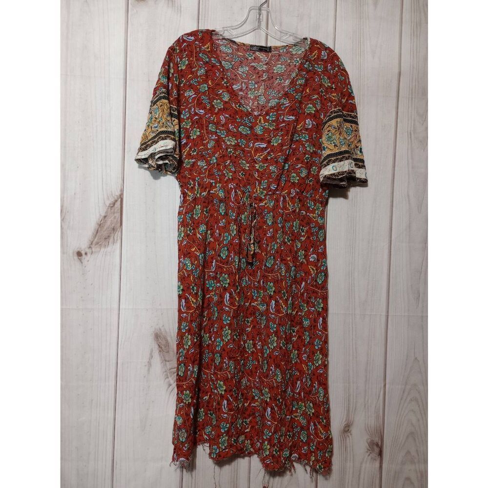 Pretty Garden Dress Ladies Extra Large Red Floral Bohemian Distressed Bottom Hem